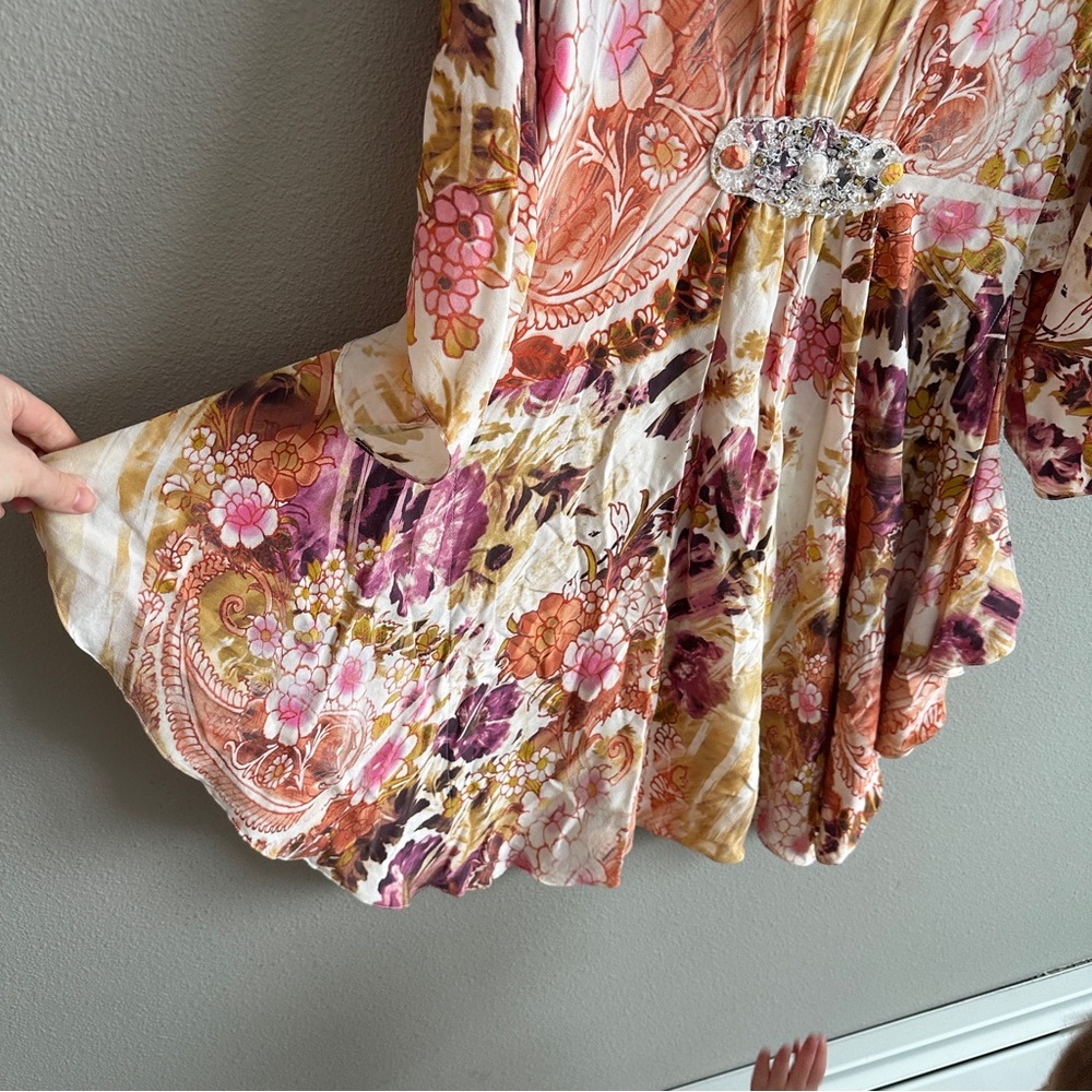 Badgley Mischka Silk Beaded Floral Kaftan Mini Dress Medium - Picture 6 of 16